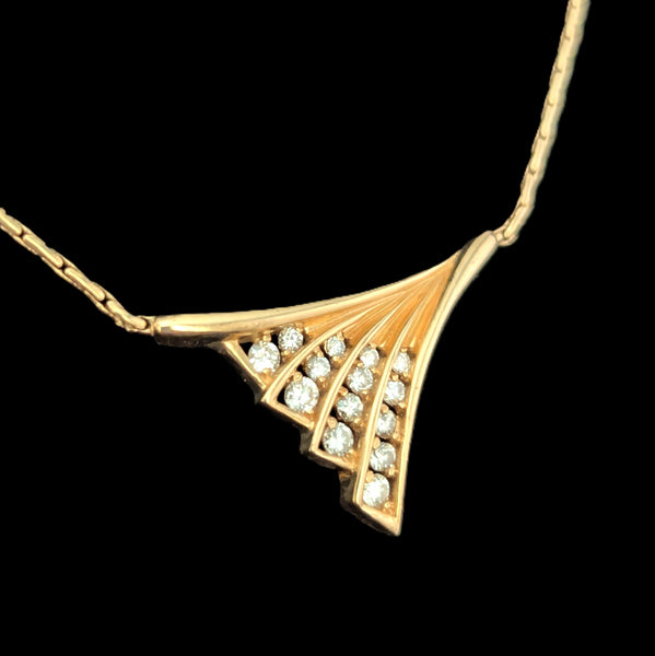 Estate Diamonds 14k Yellow Gold Wing Motif Necklace Pendant on Chain Vintage