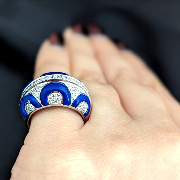 Estate Diamonds Royal Blue Enamel 14k White Gold Cocktail Dome Ring Pave Gift