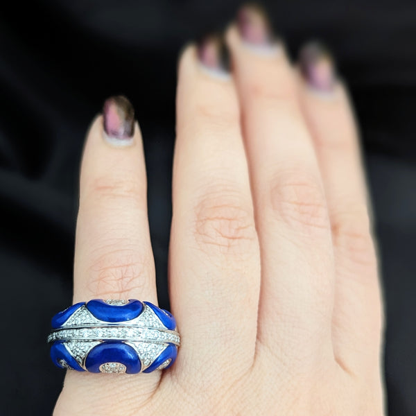 Estate Diamonds Royal Blue Enamel 14k White Gold Cocktail Dome Ring Pave Gift