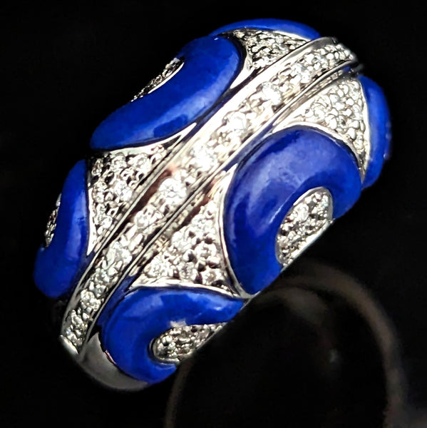 Estate Diamonds Royal Blue Enamel 14k White Gold Cocktail Dome Ring Pave Gift