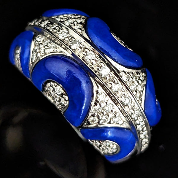 Estate Diamonds Royal Blue Enamel 14k White Gold Cocktail Dome Ring Pave Gift