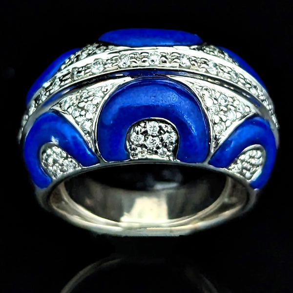 Estate Diamonds Royal Blue Enamel 14k White Gold Cocktail Dome Ring Pave Gift