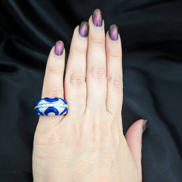 Estate Diamonds Royal Blue Enamel 14k White Gold Cocktail Dome Ring Pave Gift