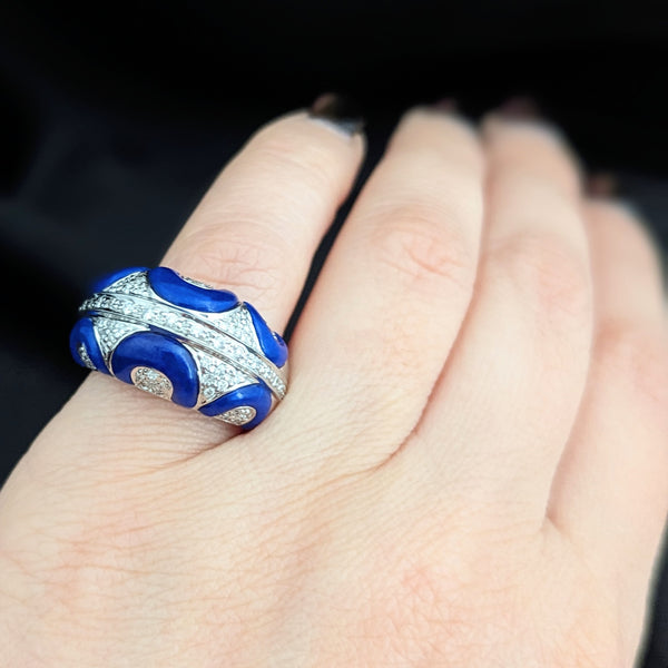 Estate Diamonds Royal Blue Enamel 14k White Gold Cocktail Dome Ring Pave Gift
