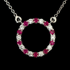 Estate Diamonds Rubies 14k White Gold Circle Necklace Pendant on Chain Gift 