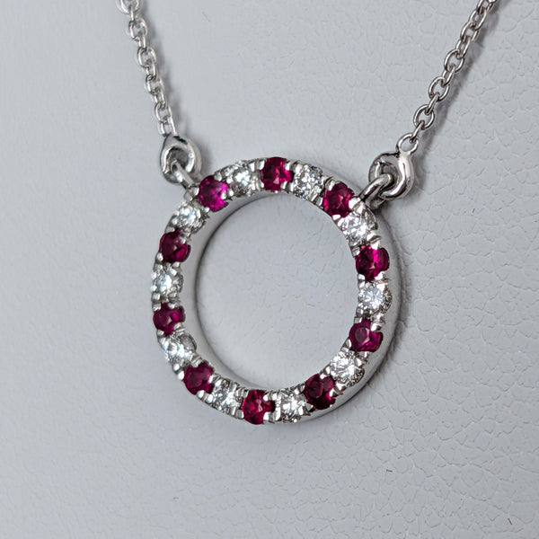 Estate Diamonds Rubies 14k White Gold Circle Necklace Pendant on Chain Gift 