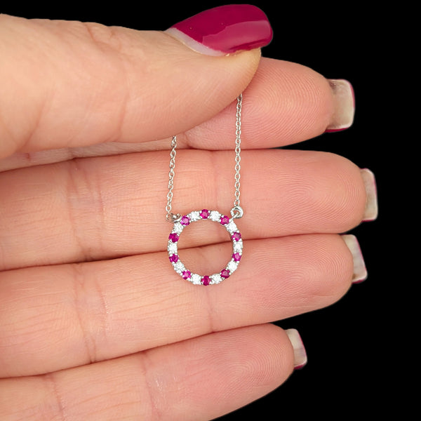 Estate Diamonds Rubies 14k White Gold Circle Necklace Pendant on Chain Gift 