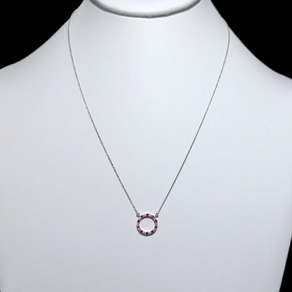 Estate Diamonds Rubies 14k White Gold Circle Necklace Pendant on Chain Gift 