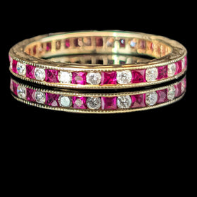 Estate Diamonds Rubies 14k Yellow Gold Eternity Band Ring Sz 7.5 Vintage Gift