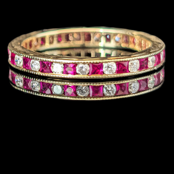 Estate Diamonds Rubies 14k Yellow Gold Eternity Band Ring Sz 7.5 Vintage Gift