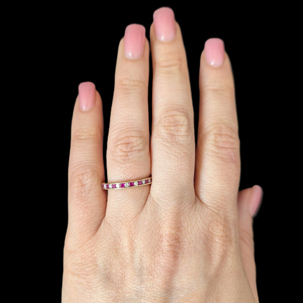 Estate Diamonds Rubies 14k Yellow Gold Eternity Band Ring Sz 7.5 Vintage Gift