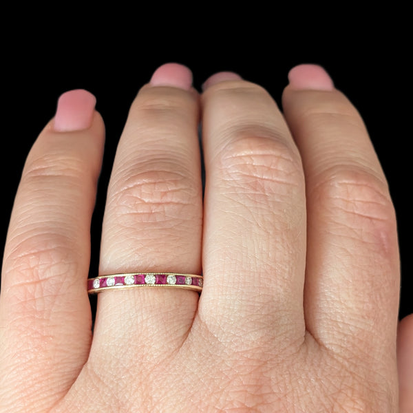Estate Diamonds Rubies 14k Yellow Gold Eternity Band Ring Sz 7.5 Vintage Gift
