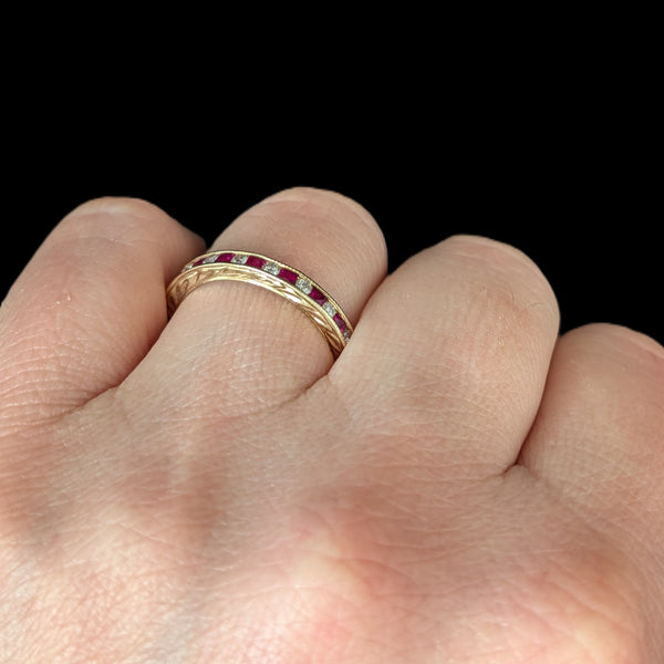 Estate Diamonds Rubies 14k Yellow Gold Eternity Band Ring Sz 7.5 Vintage Gift