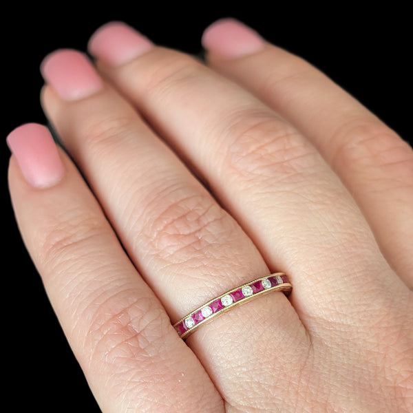 Estate Diamonds Rubies 14k Yellow Gold Eternity Band Ring Sz 7.5 Vintage Gift