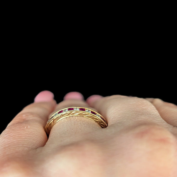 Estate Diamonds Rubies 14k Yellow Gold Eternity Band Ring Sz 7.5 Vintage Gift