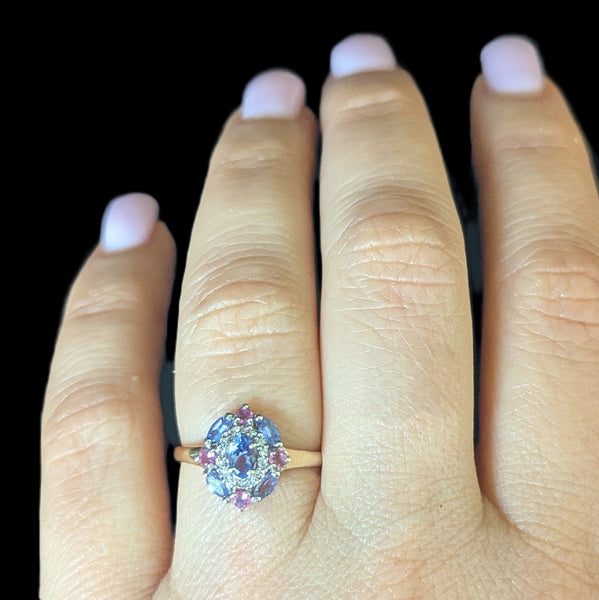 Estate Diamonds Tourmaline Tanzanite 14k Yellow Gold Ring Cluster Gift