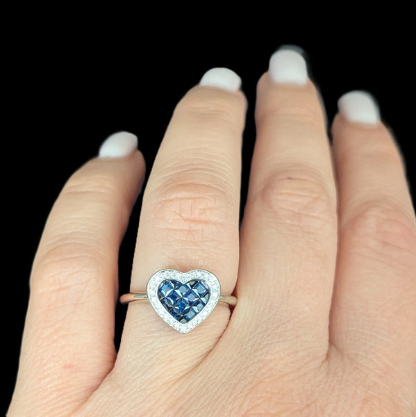 Estate Invisible Set Sapphires Diamonds 14k White Gold Heart Ring William Lam Co 