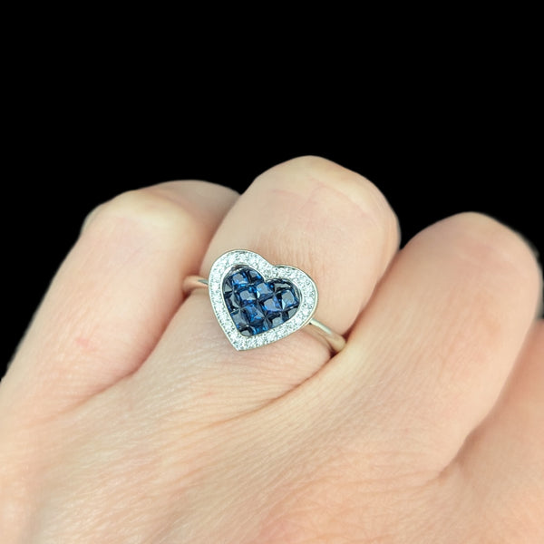 Estate Invisible Set Sapphires Diamonds 14k White Gold Heart Ring William Lam Co 