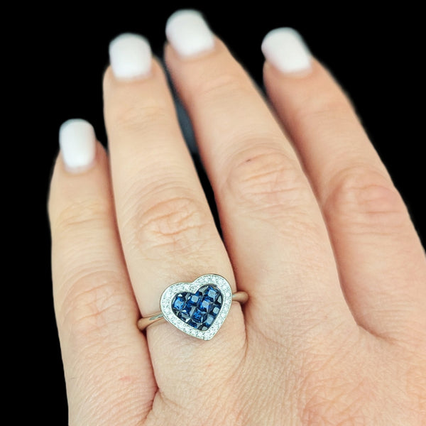 Estate Invisible Set Sapphires Diamonds 14k White Gold Heart Ring William Lam Co 