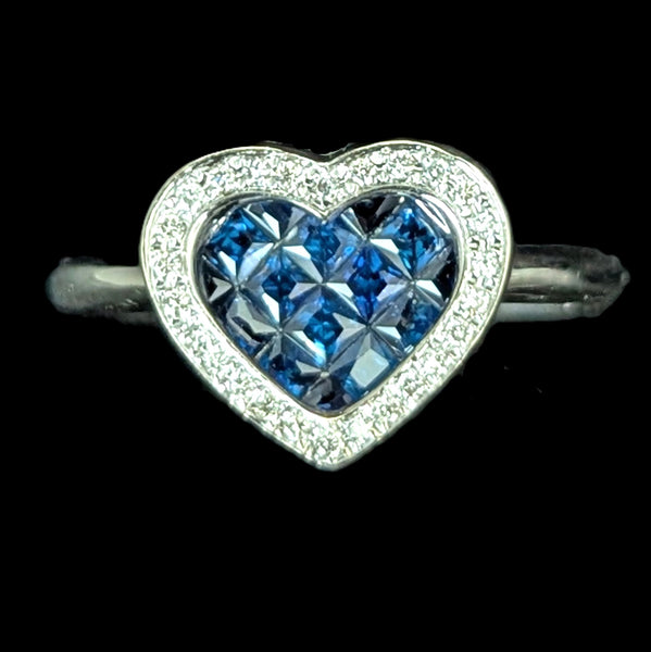 Estate Invisible Set Sapphires Diamonds 14k White Gold Heart Ring William Lam Co 