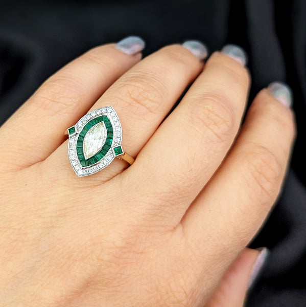 Estate Marquise Cut Diamond Emeralds Navette Shaped Ring Art Deco Style Gift GIA