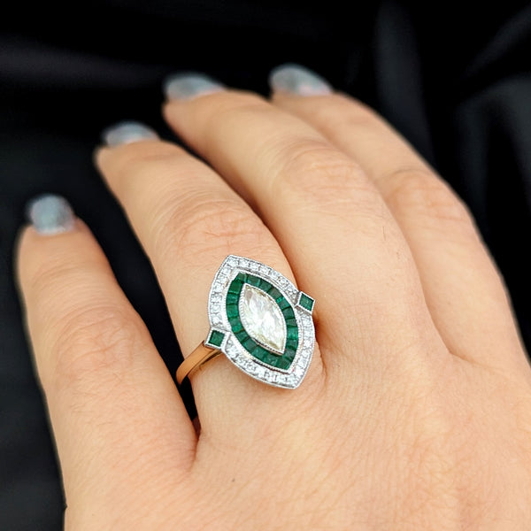 Estate Marquise Cut Diamond Emeralds Navette Shaped Ring Art Deco Style Gift GIA