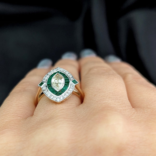 Estate Marquise Cut Diamond Emeralds Navette Shaped Ring Art Deco Style Gift GIA