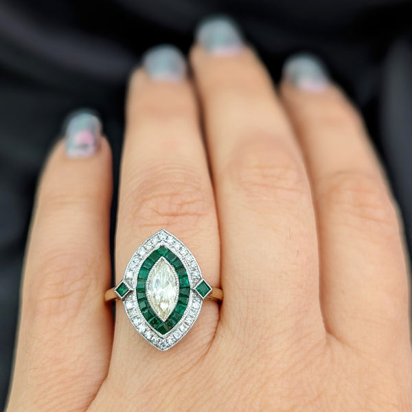 Estate Marquise Cut Diamond Emeralds Navette Shaped Ring Art Deco Style Gift GIA