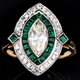 Estate Marquise Cut Diamond Emeralds Navette Shaped Ring Art Deco Style Gift GIA