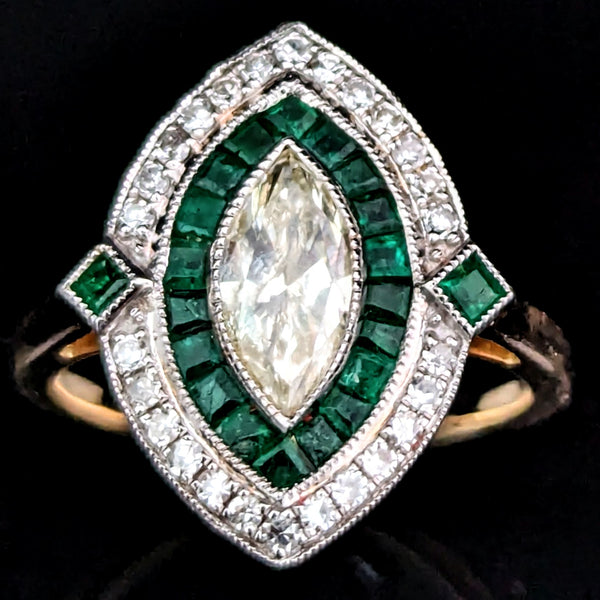 Estate Marquise Cut Diamond Emeralds Navette Shaped Ring Art Deco Style Gift GIA