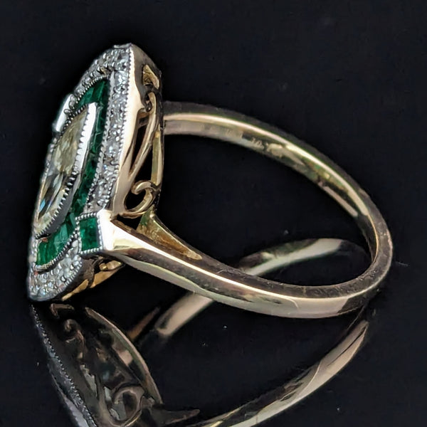 Estate Marquise Cut Diamond Emeralds Navette Shaped Ring Art Deco Style Gift GIA