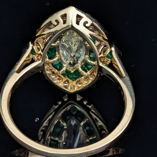 Estate Marquise Cut Diamond Emeralds Navette Shaped Ring Art Deco Style Gift GIA