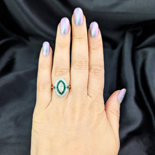 Estate Marquise Cut Diamond Emeralds Navette Shaped Ring Art Deco Style Gift GIA