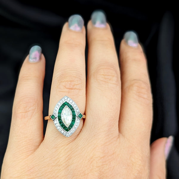 Estate Marquise Cut Diamond Emeralds Navette Shaped Ring Art Deco Style Gift GIA