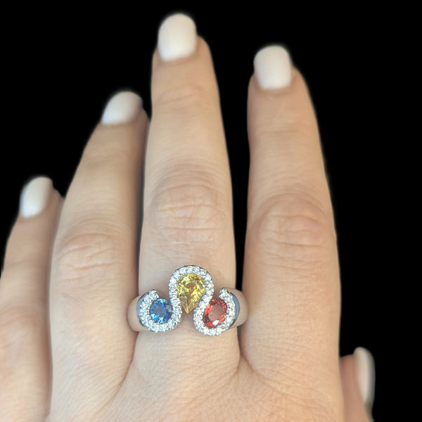 Estate Orange Yellow Blue Sapphires Diamonds 14k White Gold Ring Band Vintage RY on hand