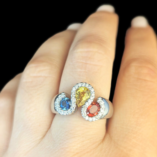 Estate Orange Yellow Blue Sapphires Diamonds 14k White Gold Ring Band Vintage RY on hand