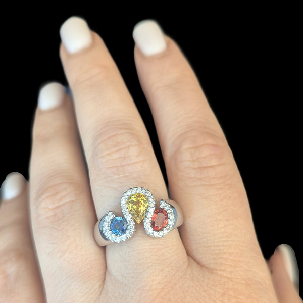Estate Orange Yellow Blue Sapphires Diamonds 14k White Gold Ring Band Vintage RY on hand