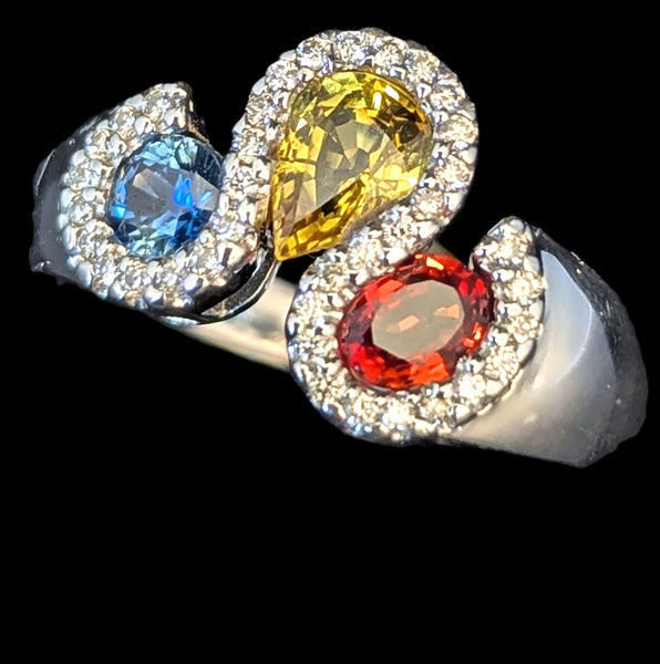 Estate Orange Yellow Blue Sapphires Diamonds 14k White Gold Ring Band Vintage RY on hand