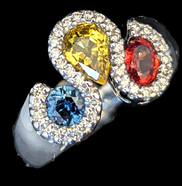 Estate Orange Yellow Blue Sapphires Diamonds 14k White Gold Ring Band Vintage RY on hand