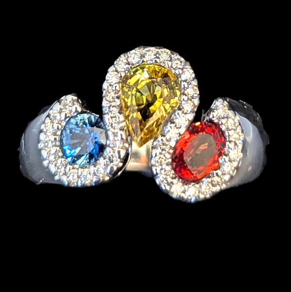 Estate Orange Yellow Blue Sapphires Diamonds 14k White Gold Ring Band Vintage RY on hand