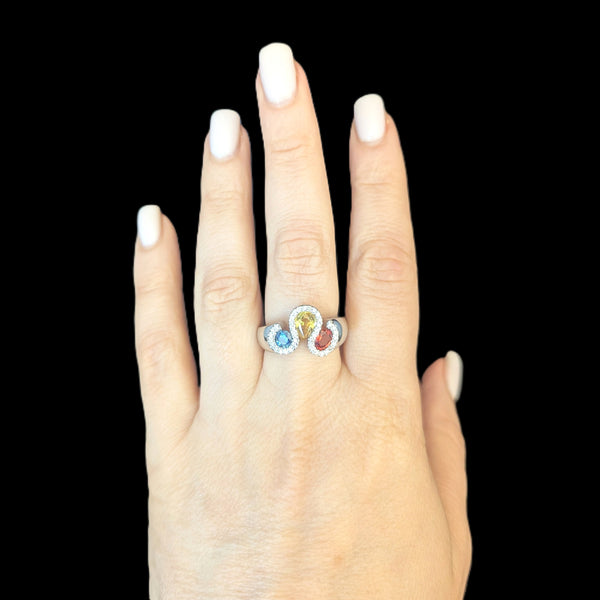 Estate Orange Yellow Blue Sapphires Diamonds 14k White Gold Ring Band Vintage RY on hand
