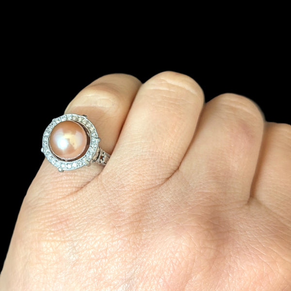 Estate Peachy Pink Pearl Diamond Platinum Statement Ring Halo Vintage Bridal 