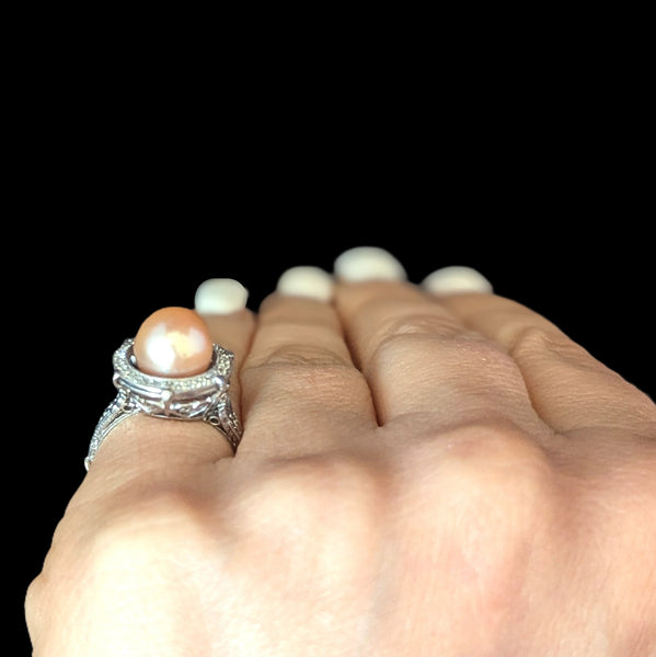 Estate Peachy Pink Pearl Diamond Platinum Statement Ring Halo Vintage Bridal 