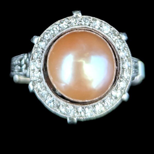 Estate Peachy Pink Pearl Diamond Platinum Statement Ring Halo Vintage Bridal 