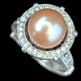 Estate Peachy Pink Pearl Diamond Platinum Statement Ring Halo Vintage Bridal 
