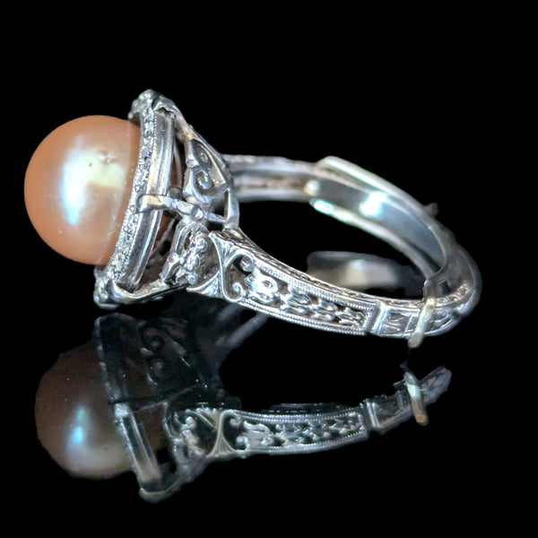Estate Peachy Pink Pearl Diamond Platinum Statement Ring Halo Vintage Bridal 