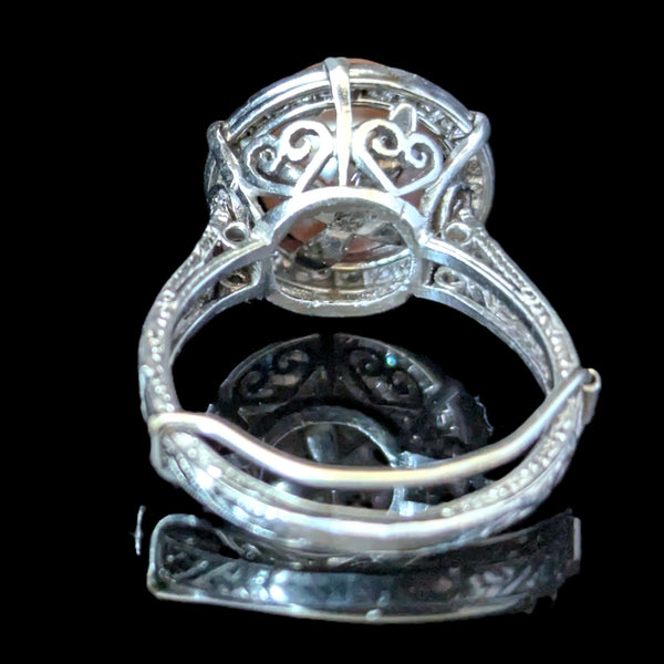 Estate Peachy Pink Pearl Diamond Platinum Statement Ring Halo Vintage Bridal 