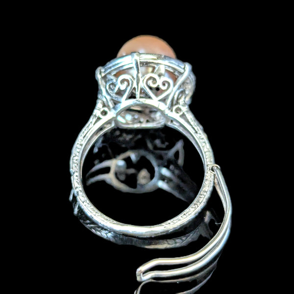 Estate Peachy Pink Pearl Diamond Platinum Statement Ring Halo Vintage Bridal 