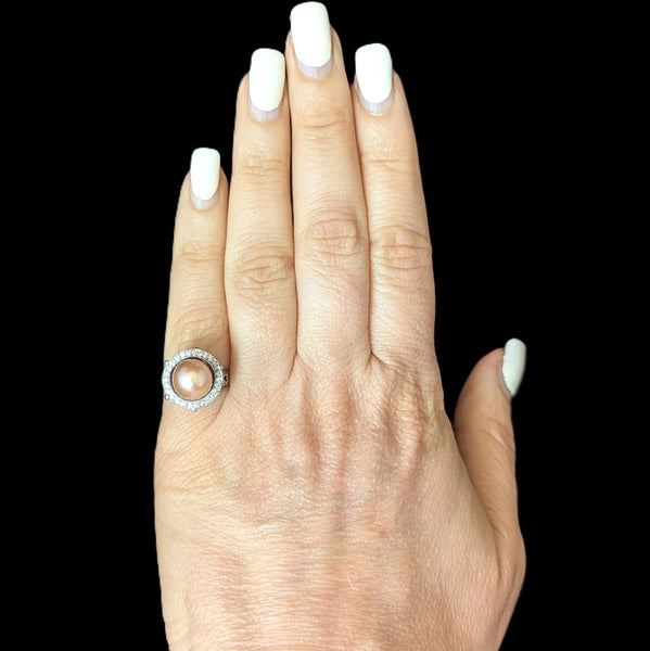 Estate Peachy Pink Pearl Diamond Platinum Statement Ring Halo Vintage Bridal 