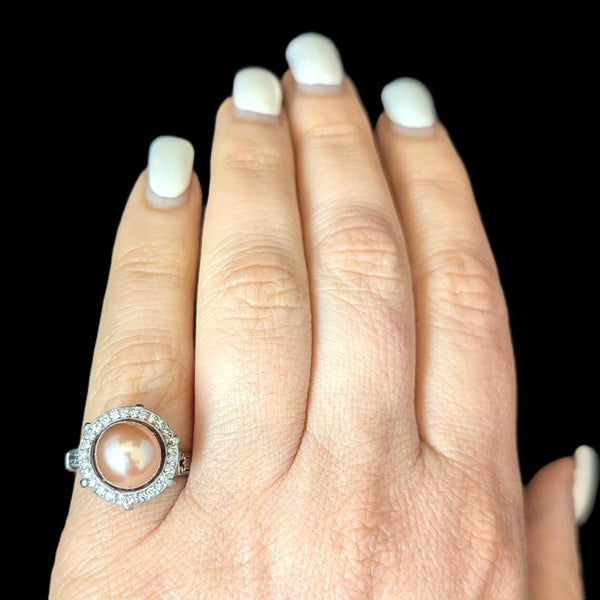 Estate Peachy Pink Pearl Diamond Platinum Statement Ring Halo Vintage Bridal 